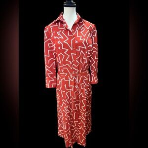 Pierbo red white Geometric Print belted dress 1970s 1980’s made in France